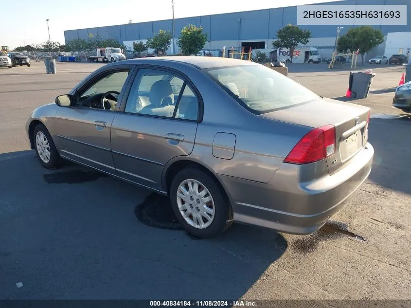 2005 Honda Civic Lx VIN: 2HGES16535H631693 Lot: 40834184