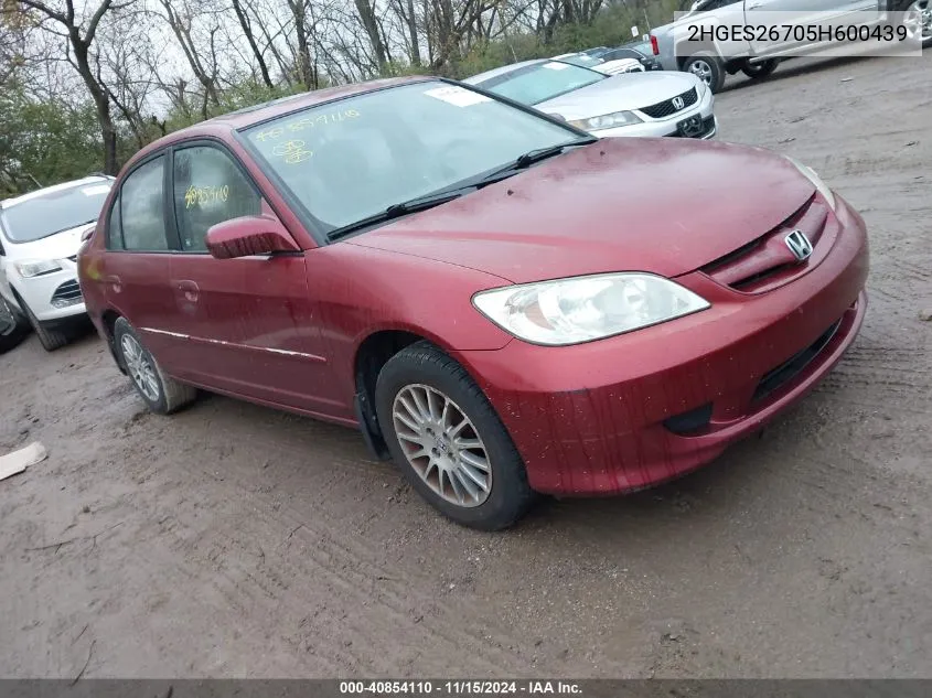 2005 Honda Civic Ex VIN: 2HGES26705H600439 Lot: 40854110