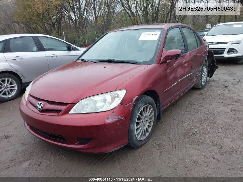 2005 Honda Civic Ex VIN: 2HGES26705H600439 Lot: 40854110