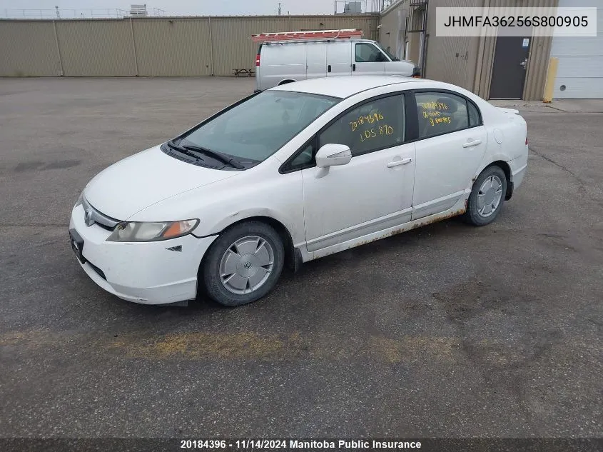 2006 Honda Civic Hybrid VIN: JHMFA36256S800905 Lot: 20184396