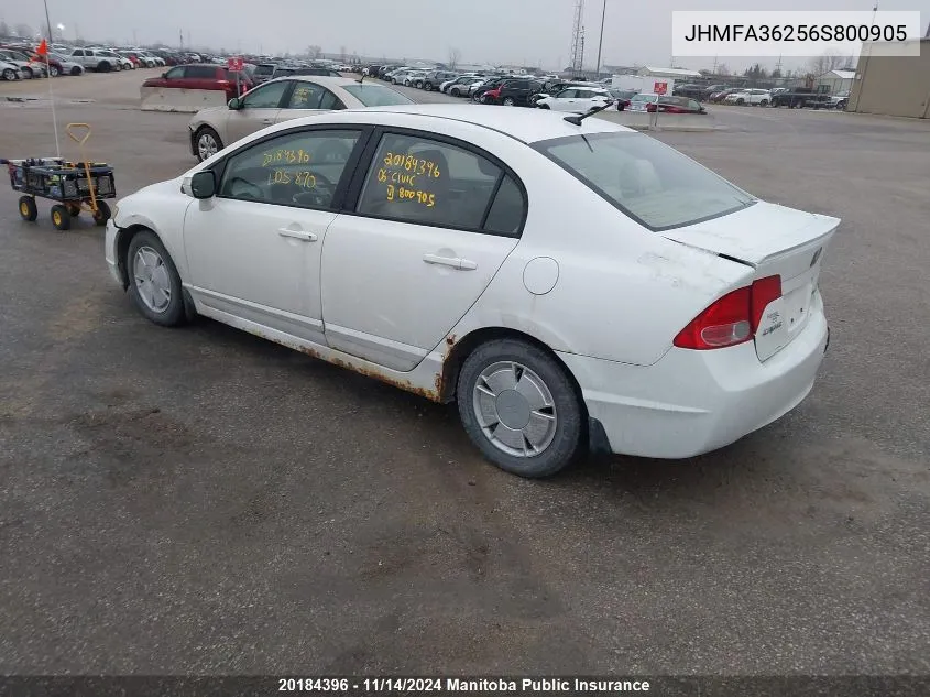 2006 Honda Civic Hybrid VIN: JHMFA36256S800905 Lot: 20184396