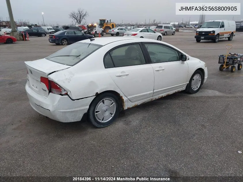 2006 Honda Civic Hybrid VIN: JHMFA36256S800905 Lot: 20184396