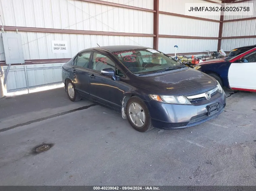 2006 Honda Civic Hybrid VIN: JHMFA36246S026758 Lot: 40654833