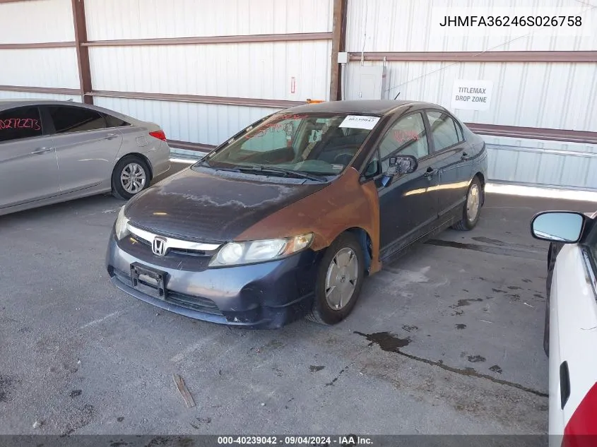 2006 Honda Civic Hybrid VIN: JHMFA36246S026758 Lot: 40654833