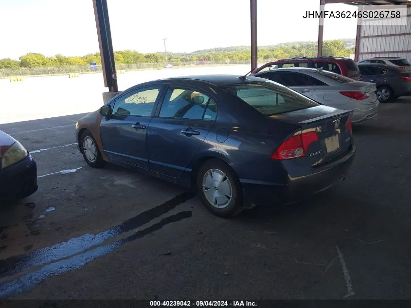 2006 Honda Civic Hybrid VIN: JHMFA36246S026758 Lot: 40654833