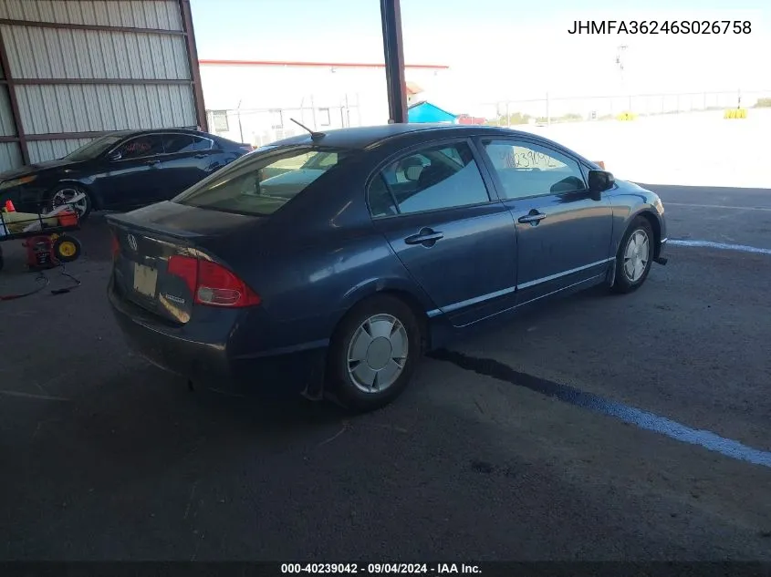 2006 Honda Civic Hybrid VIN: JHMFA36246S026758 Lot: 40654833