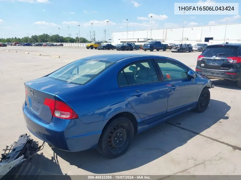 1HGFA16506L043424 2006 Honda Civic Lx