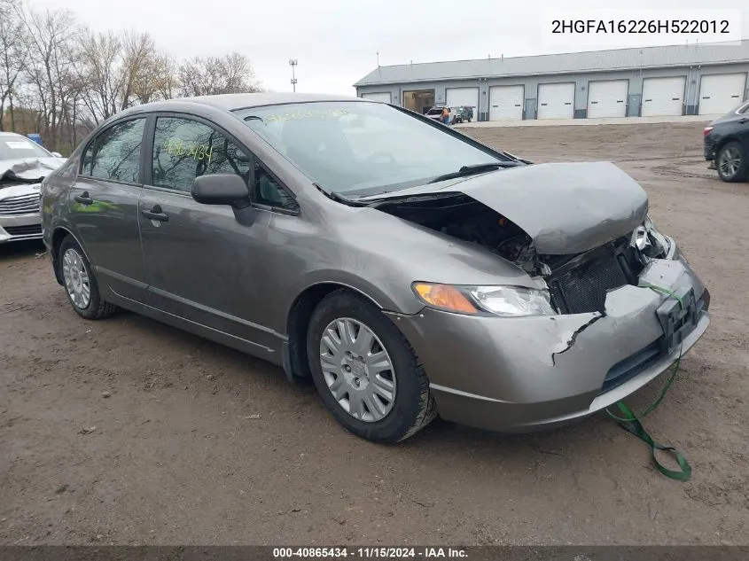 2006 Honda Civic Dx VIN: 2HGFA16226H522012 Lot: 40865434