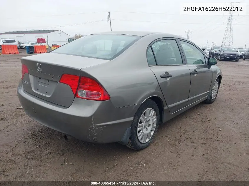 2006 Honda Civic Dx VIN: 2HGFA16226H522012 Lot: 40865434