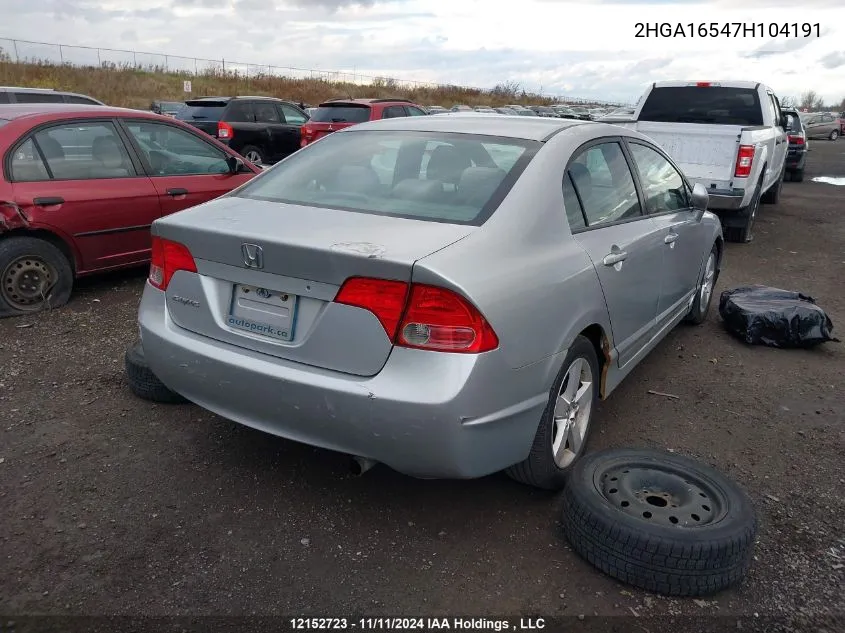 2007 Honda Civic VIN: 2HGA16547H104191 Lot: 12152723