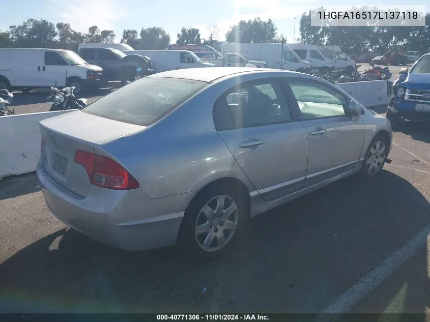 2007 Honda Civic Lx VIN: 1HGFA16517L137118 Lot: 40771306