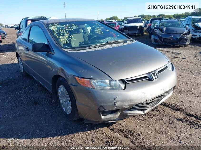 2008 Honda Civic Cpe VIN: 2HGFG12298H004941 Lot: 12077210