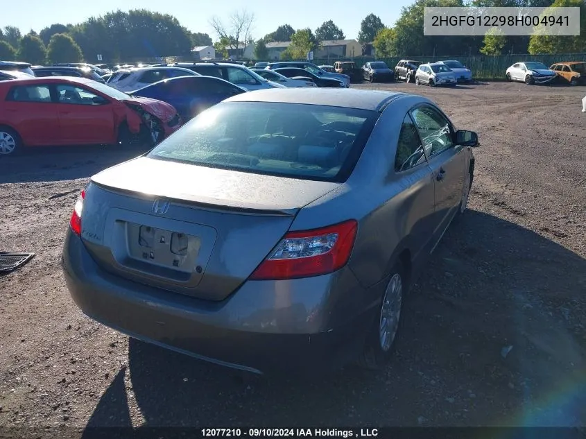 2008 Honda Civic Cpe VIN: 2HGFG12298H004941 Lot: 12077210