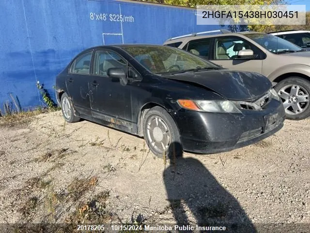 2008 Honda Civic Dx-G VIN: 2HGFA15438H030451 Lot: 20178205