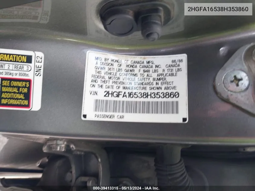 2HGFA16538H353860 2008 Honda Civic Lx