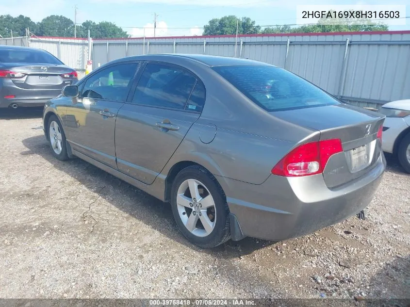 2008 Honda Civic Ex-L VIN: 2HGFA169X8H316503 Lot: 39758418