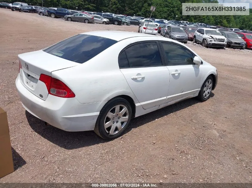 2008 Honda Civic Lx VIN: 2HGFA165X8H331385 Lot: 39802056