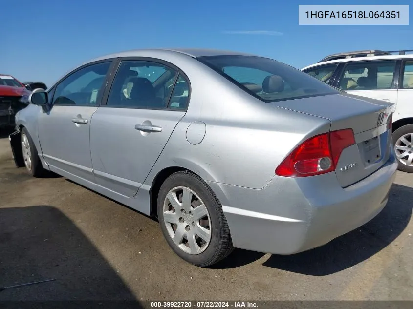 2008 Honda Civic Sdn Lx VIN: 1HGFA16518L064351 Lot: 39922720