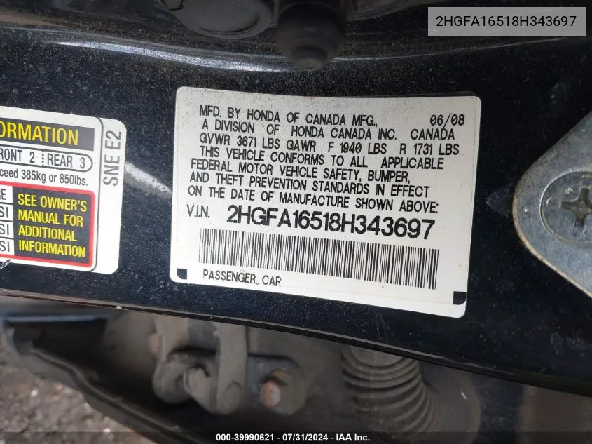 2HGFA16518H343697 2008 Honda Civic Sdn Lx