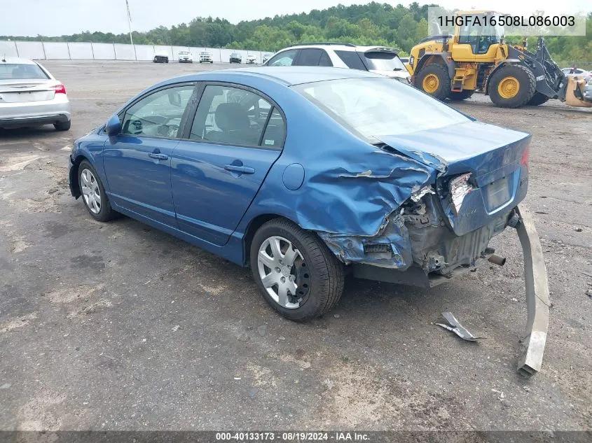 2008 Honda Civic Sdn Lx VIN: 1HGFA16508L086003 Lot: 40133173