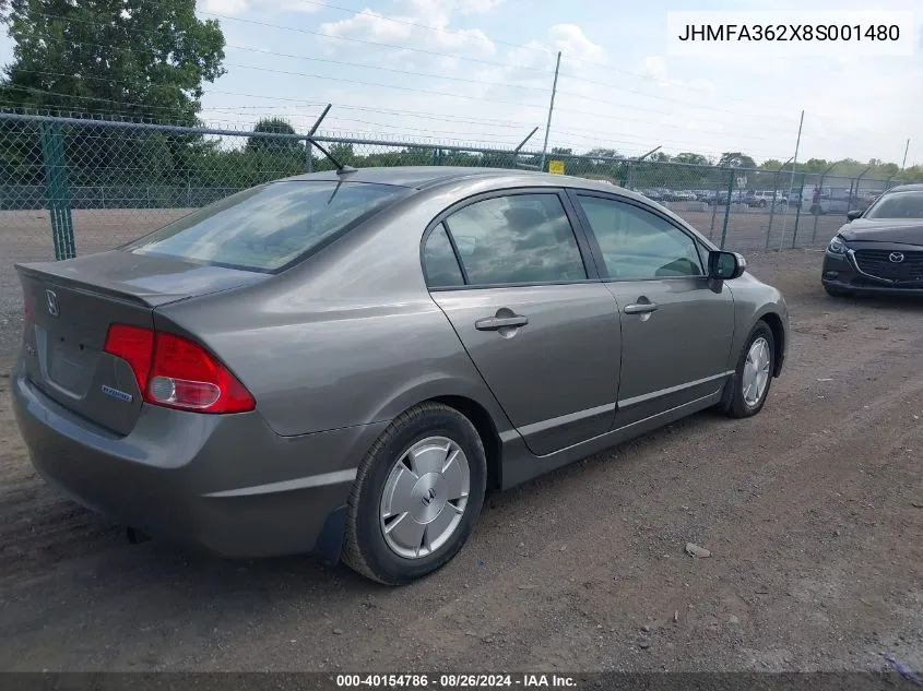 2008 Honda Civic Hybrid VIN: JHMFA362X8S001480 Lot: 40154786