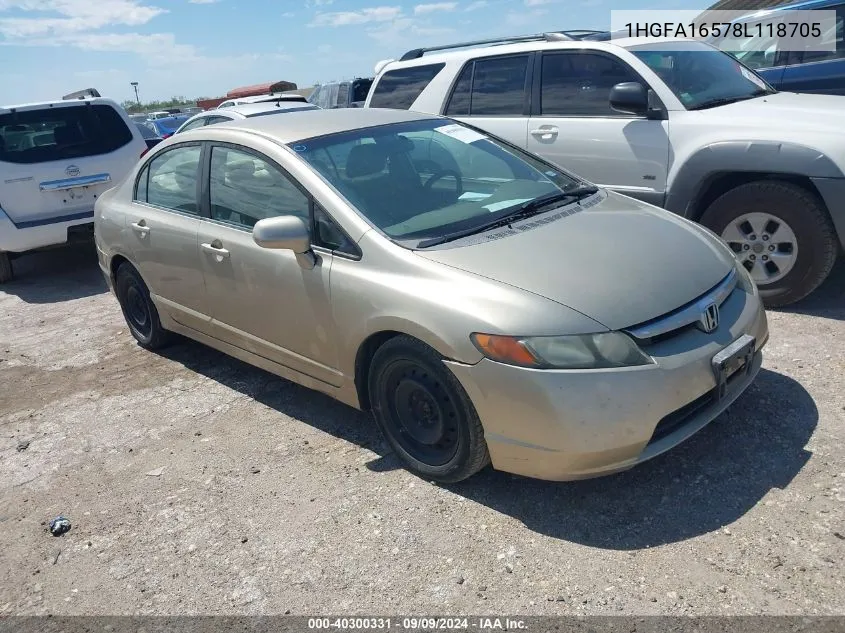 2008 Honda Civic Lx VIN: 1HGFA16578L118705 Lot: 40300331