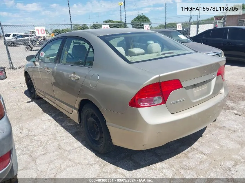 2008 Honda Civic Lx VIN: 1HGFA16578L118705 Lot: 40300331