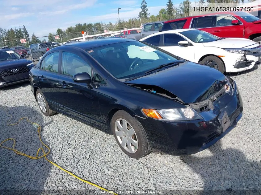 2008 Honda Civic Lx VIN: 1HGFA16538L097450 Lot: 40306373