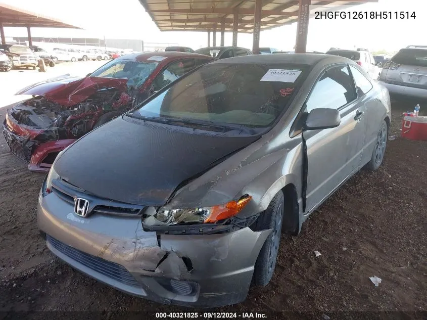 2008 Honda Civic Lx VIN: 2HGFG12618H511514 Lot: 40321825