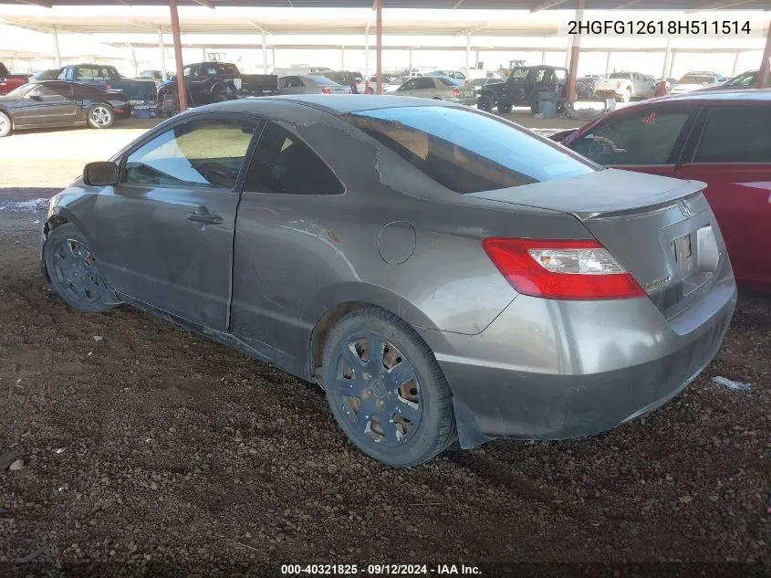 2008 Honda Civic Lx VIN: 2HGFG12618H511514 Lot: 40321825