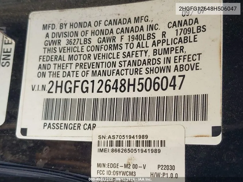 2008 Honda Civic Lx VIN: 2HGFG12648H506047 Lot: 40332222