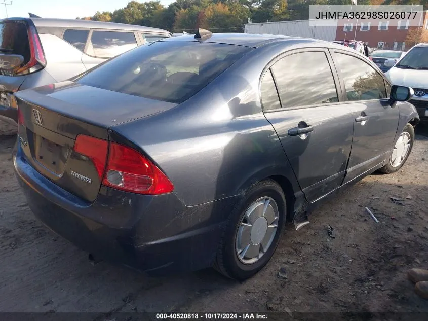 2008 Honda Civic Hybrid VIN: JHMFA36298S026077 Lot: 40520818