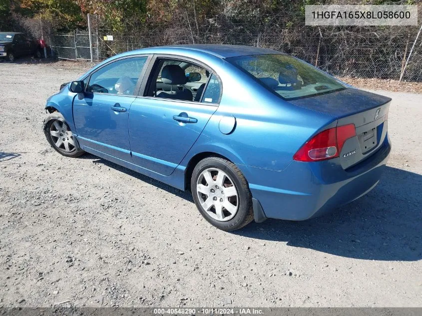 2008 Honda Civic Lx VIN: 1HGFA165X8L058600 Lot: 40548290