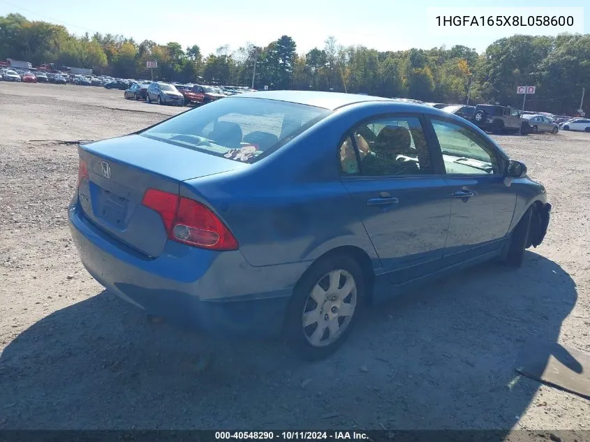 2008 Honda Civic Lx VIN: 1HGFA165X8L058600 Lot: 40548290