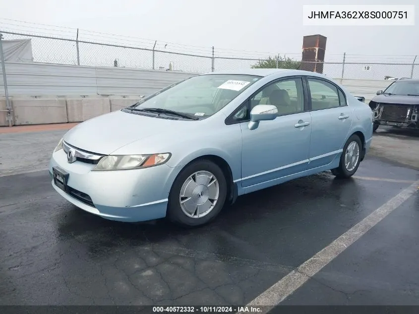 2008 Honda Civic Hybrid VIN: JHMFA362X8S000751 Lot: 40572332