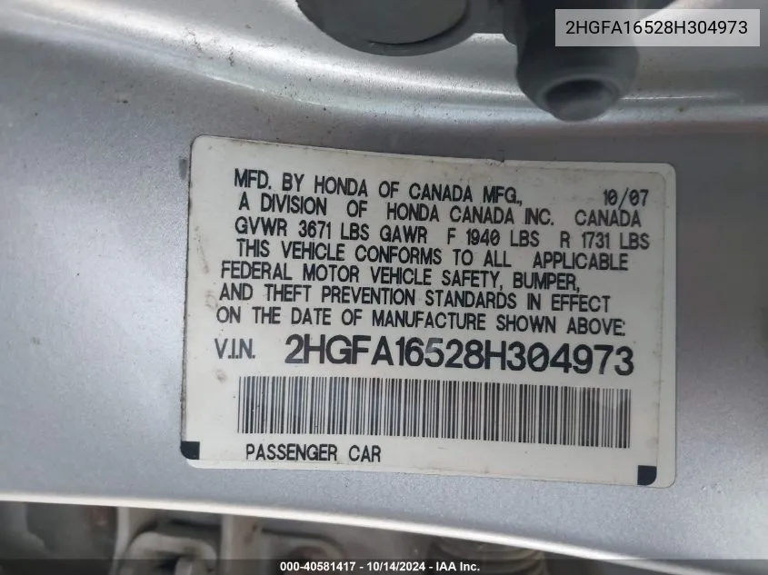 2HGFA16528H304973 2008 Honda Civic Lx