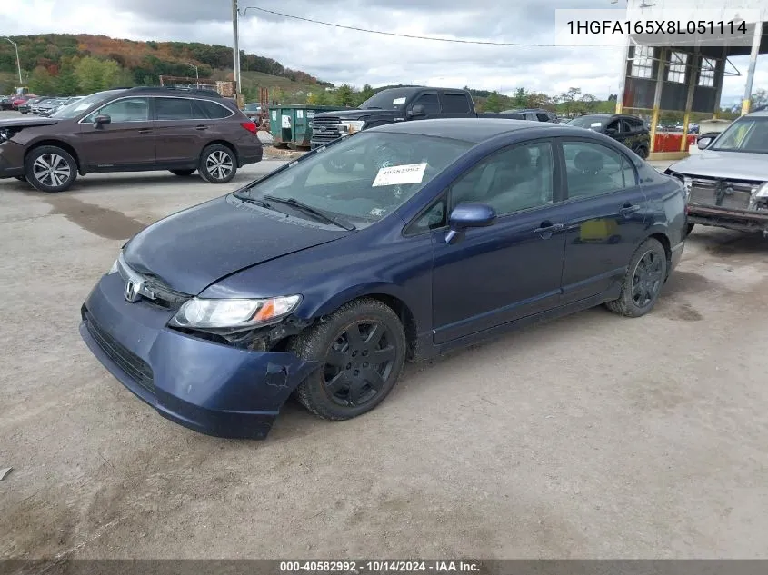 2008 Honda Civic Lx VIN: 1HGFA165X8L051114 Lot: 40582992