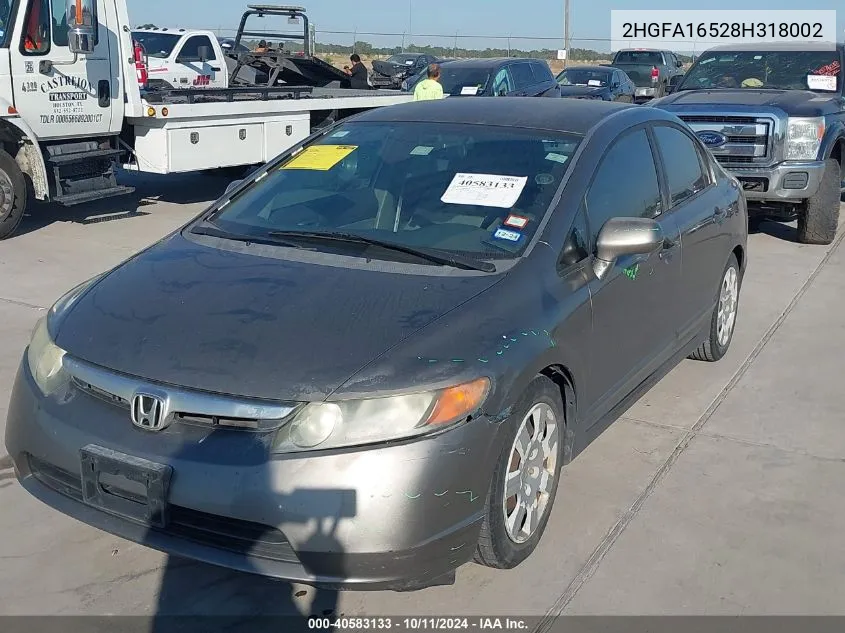 2008 Honda Civic Lx VIN: 2HGFA16528H318002 Lot: 40583133