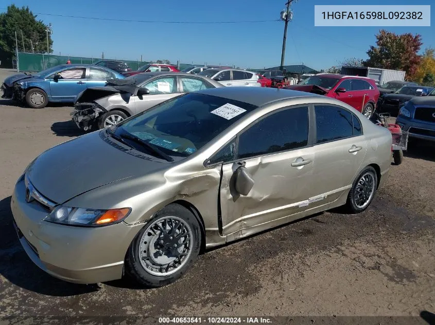 2008 Honda Civic Lx VIN: 1HGFA16598L092382 Lot: 40653541