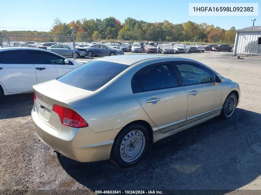 2008 Honda Civic Lx VIN: 1HGFA16598L092382 Lot: 40653541