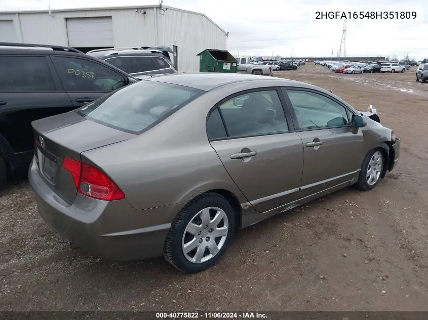 2008 Honda Civic Lx VIN: 2HGFA16548H351809 Lot: 40775822