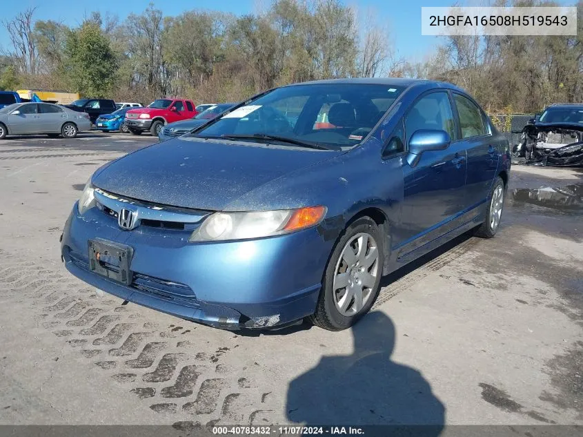 2008 Honda Civic Lx VIN: 2HGFA16508H519543 Lot: 40783432