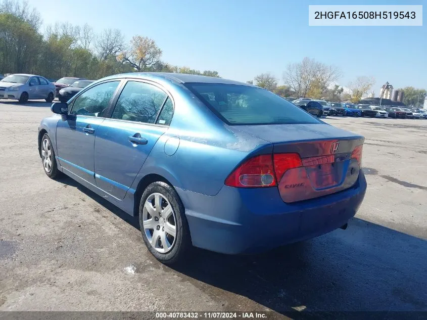 2008 Honda Civic Lx VIN: 2HGFA16508H519543 Lot: 40783432