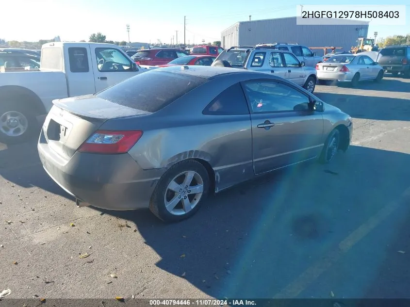 2008 Honda Civic Ex-L VIN: 2HGFG12978H508403 Lot: 40794446