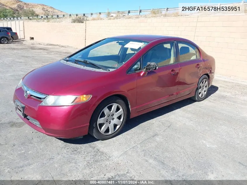 2008 Honda Civic Lx VIN: 2HGFA16578H535951 Lot: 40807481