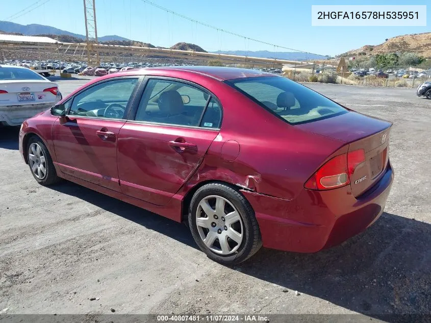 2008 Honda Civic Lx VIN: 2HGFA16578H535951 Lot: 40807481