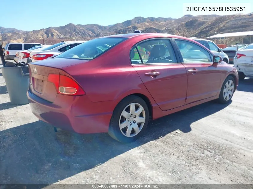 2008 Honda Civic Lx VIN: 2HGFA16578H535951 Lot: 40807481