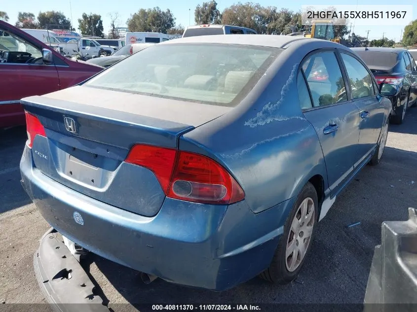 2008 Honda Civic Lx VIN: 2HGFA155X8H511967 Lot: 40811370