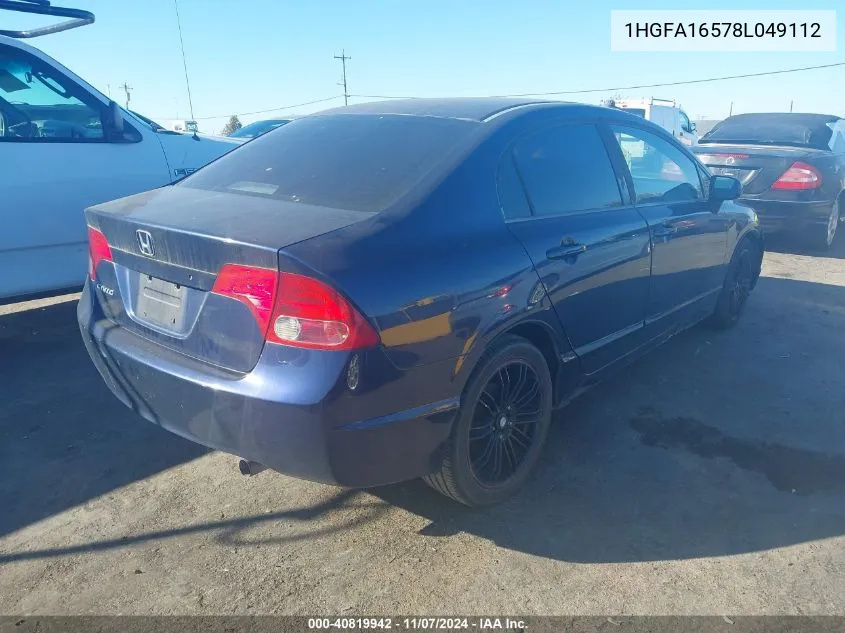 2008 Honda Civic Lx VIN: 1HGFA16578L049112 Lot: 40819942