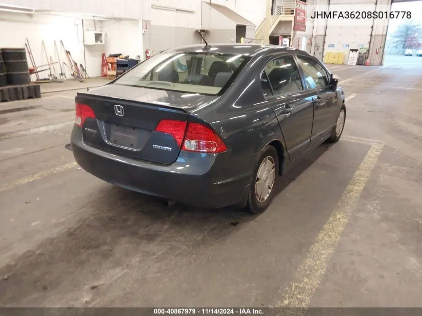 2008 Honda Civic Hybrid VIN: JHMFA36208S016778 Lot: 40867979